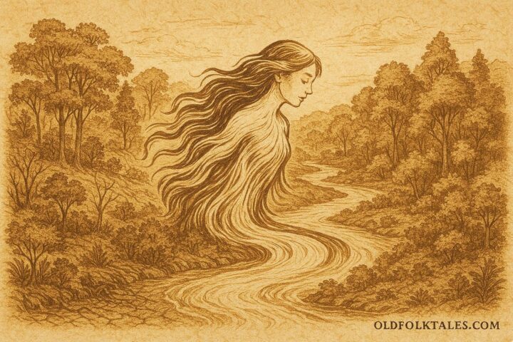 Parchment-style illustration of the Amazon River’s creation, Indigenous Peru–Brazil folktale scene.