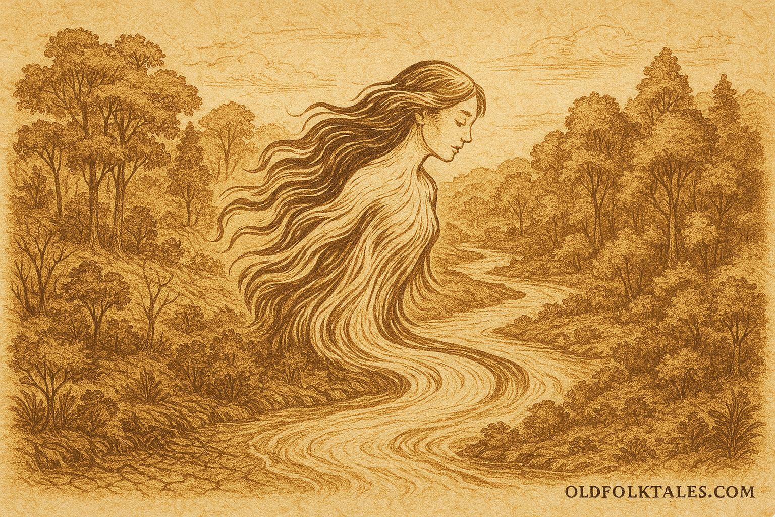 Parchment-style illustration of the Amazon River’s creation, Indigenous Peru–Brazil folktale scene.