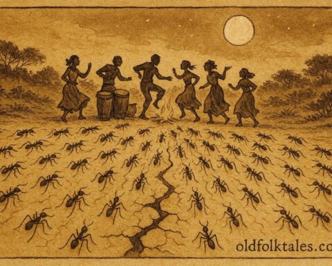 Parchment style illustration of dancing ants interrupting a Goombay ceremony in Bahamian folklore.