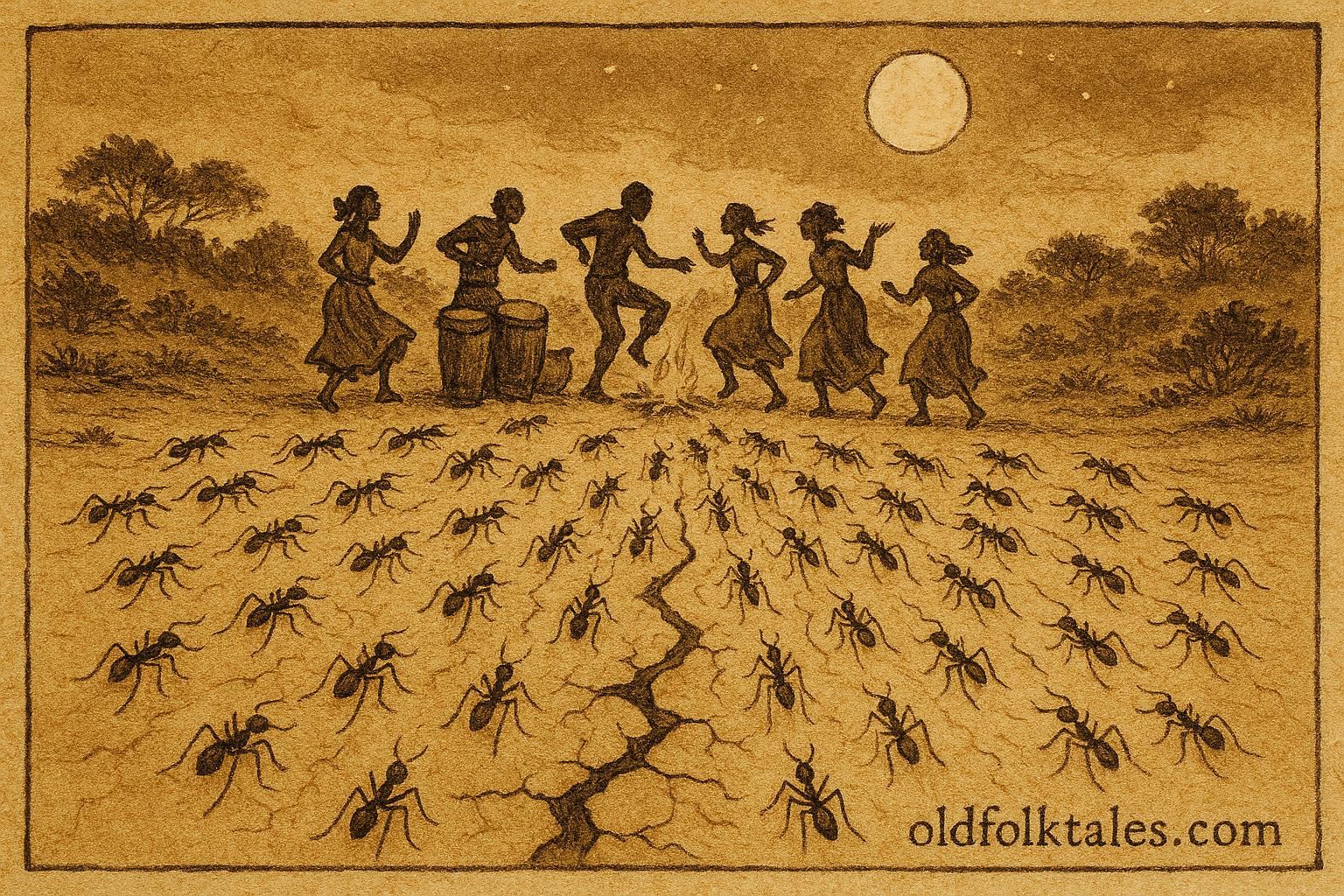 Parchment style illustration of dancing ants interrupting a Goombay ceremony in Bahamian folklore.