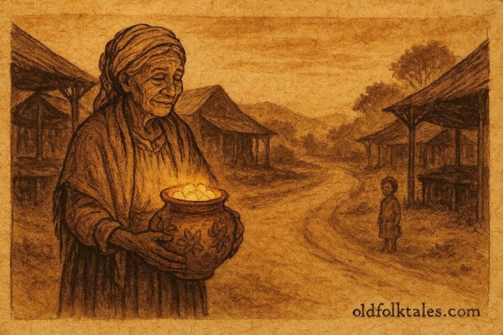 Parchment style illustration of candy spirit at crossroads, Maya Kaqchikel folktale Guatemala.