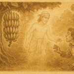 Parchment-style illustration of a duppy guarding bananas, Belizean folktale scene.