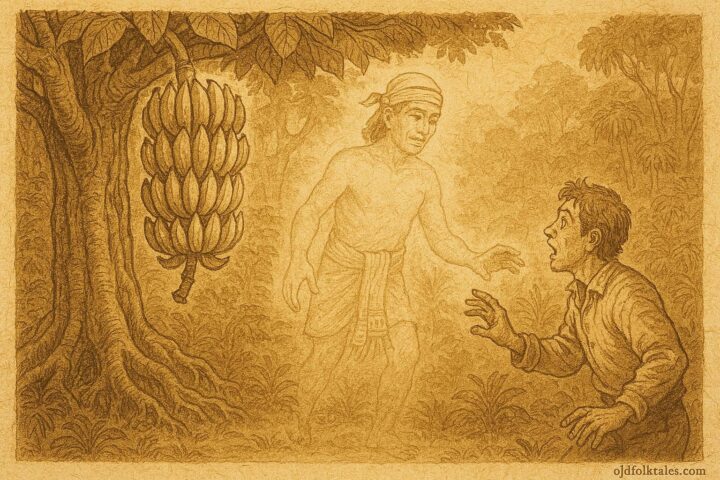 Parchment-style illustration of a duppy guarding bananas, Belizean folktale scene.