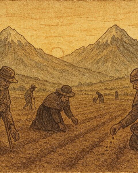 Quechua villagers planting seeds in a mountain field, Andes.