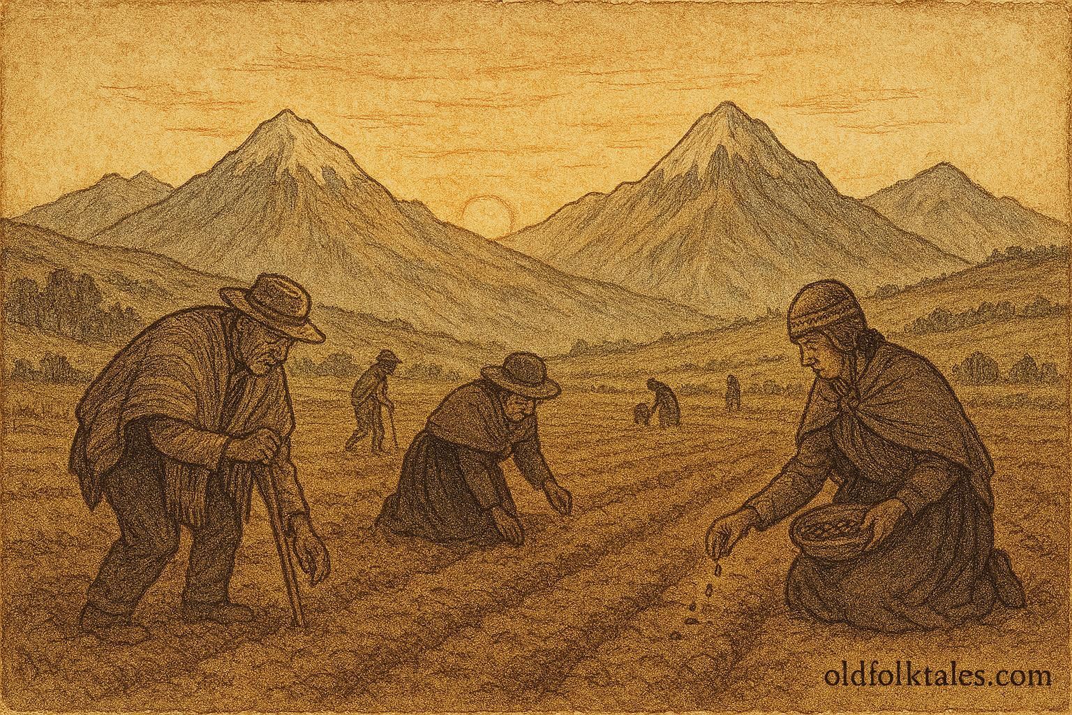 Quechua villagers planting seeds in a mountain field, Andes.