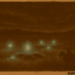Sepia-toned illustration on aged parchment showing multiple glowing orbs of pale blue and green light hovering above a dark stretch of the Uruguayan pampas at night. The orbs illuminate patches of grass and disturbed earth, while the surrounding plains fade into silence and mist, evoking the presence of an unmarked burial ground. “OldFolktales.com” is inscribed in the bottom right corne