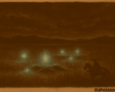 Sepia-toned illustration on aged parchment showing multiple glowing orbs of pale blue and green light hovering above a dark stretch of the Uruguayan pampas at night. The orbs illuminate patches of grass and disturbed earth, while the surrounding plains fade into silence and mist, evoking the presence of an unmarked burial ground. “OldFolktales.com” is inscribed in the bottom right corne