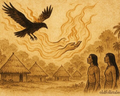 Parchment-style artwork of a bird carrying fire, Upper Amazon folktale scene.