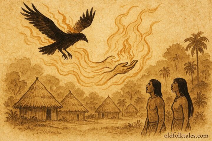 Parchment-style artwork of a bird carrying fire, Upper Amazon folktale scene.
