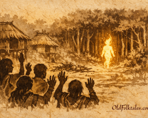 Parchment-style artwork of fire leaving village, Amazonian folktale scene.