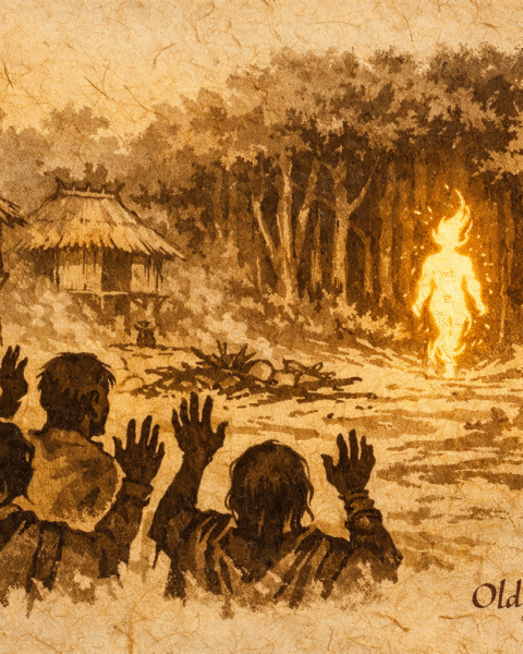 Parchment-style artwork of fire leaving village, Amazonian folktale scene.