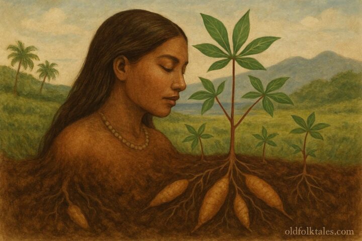 A Taíno woman emerging from the earth as cassava plants grow around her, symbolizing sacrifice and renewal