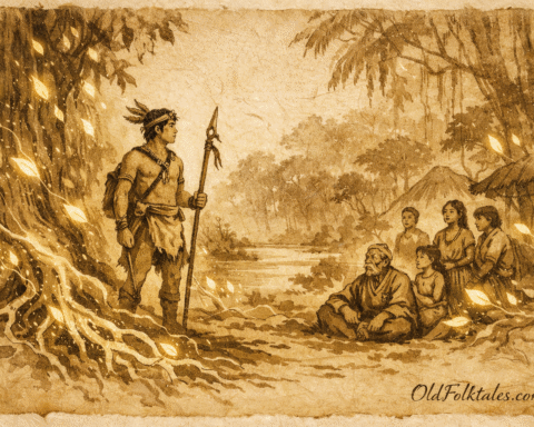 Parchment-style artwork of the first shaman learning from the Amazon forest.