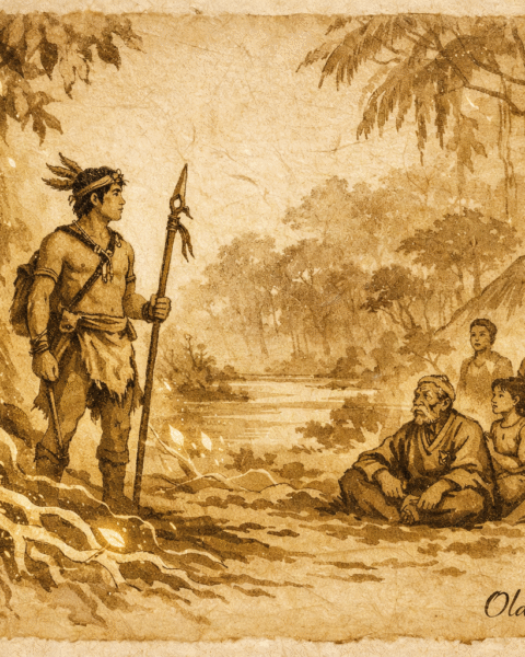 Parchment-style artwork of the first shaman learning from the Amazon forest.