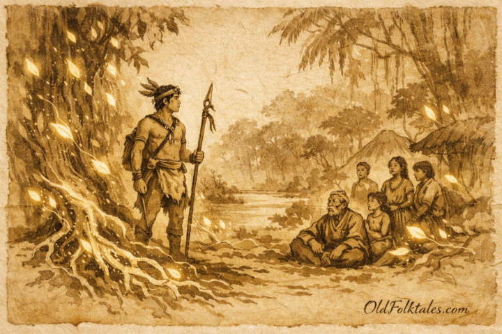 Parchment-style artwork of the first shaman learning from the Amazon forest.