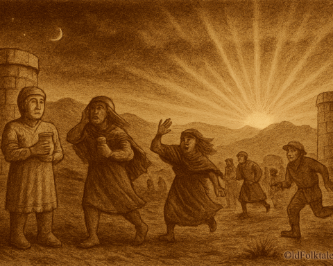 Sepia-toned illustration on aged rice parchment depicting the first sunrise over the Bolivian Altiplano. Terrified chullpa people flee across a dark plain as blinding golden light spills over the horizon. Some figures are frozen mid-stride and turned to stone beside ancient cylindrical burial towers. The moon and stars fade from the sky, marking the end of the age of darkness. “OldFolktales.com” is inscribed in the bottom right corner.