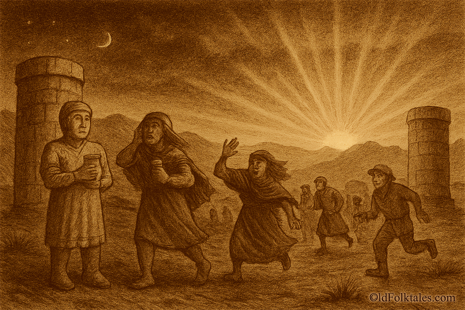 Sepia-toned illustration on aged rice parchment depicting the first sunrise over the Bolivian Altiplano. Terrified chullpa people flee across a dark plain as blinding golden light spills over the horizon. Some figures are frozen mid-stride and turned to stone beside ancient cylindrical burial towers. The moon and stars fade from the sky, marking the end of the age of darkness. “OldFolktales.com” is inscribed in the bottom right corner.