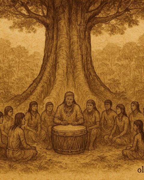Parchment-style artwork of a sacred forest drum and villagers, Amazonian Indigenous folktale scene.