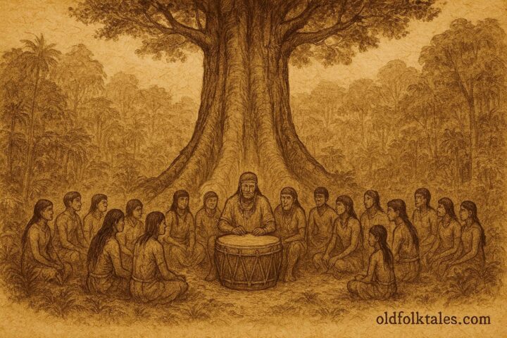Parchment-style artwork of a sacred forest drum and villagers, Amazonian Indigenous folktale scene.