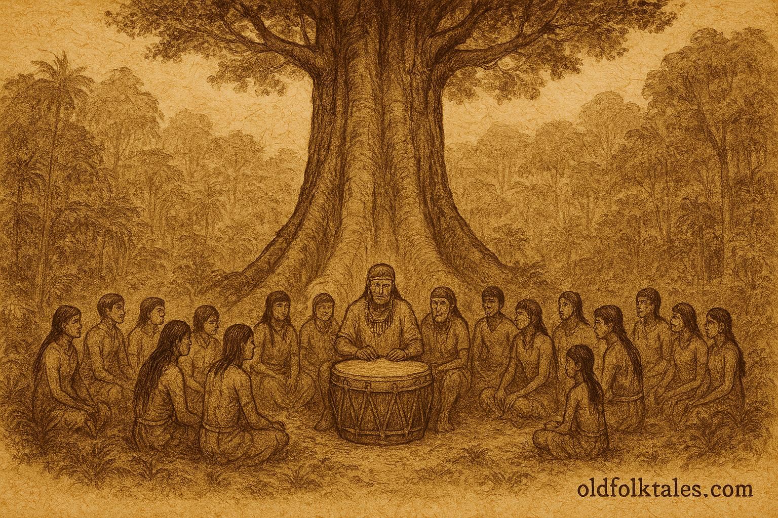 Parchment-style artwork of a sacred forest drum and villagers, Amazonian Indigenous folktale scene.