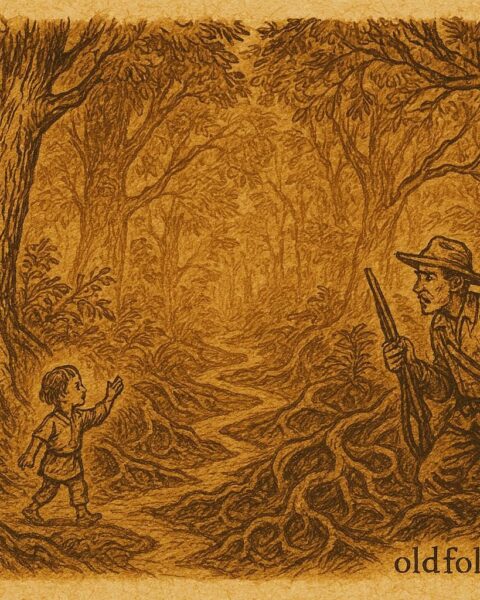 Parchment-style artwork of a child guided through the Amazon forest while a lost hunter watches, Central Amazon folktale.