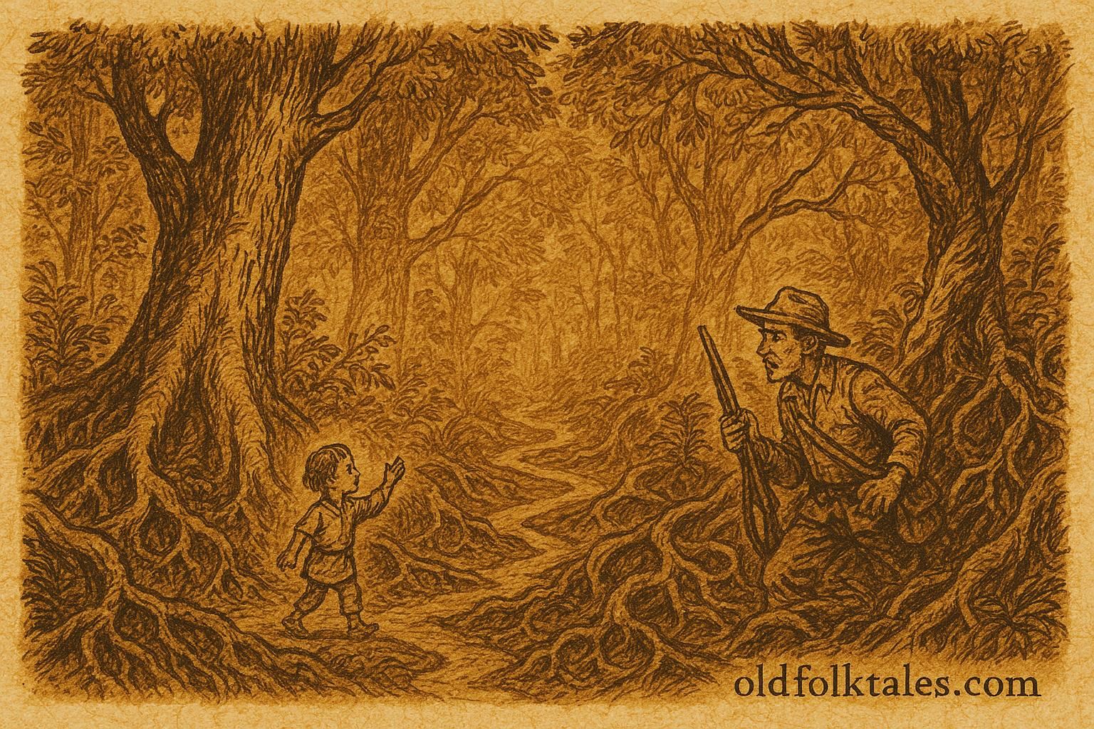 Parchment-style artwork of a child guided through the Amazon forest while a lost hunter watches, Central Amazon folktale.