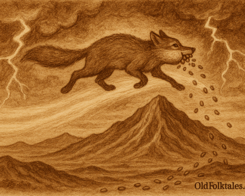Sepia-toned landscape illustration on aged rice parchment depicting a Bolivian folktale. A cunning fox races along a glowing celestial path in the sky above the Altiplano, cheeks bulging with stolen seeds. Lightning bolts crack around him as thunder beings pursue through swirling clouds. Below, seeds spill from the fox’s mouth, scattering across rugged mountains and valleys, symbolizing uneven harvests. “OldFolktales.com” is inscribed in the bottom right corner.