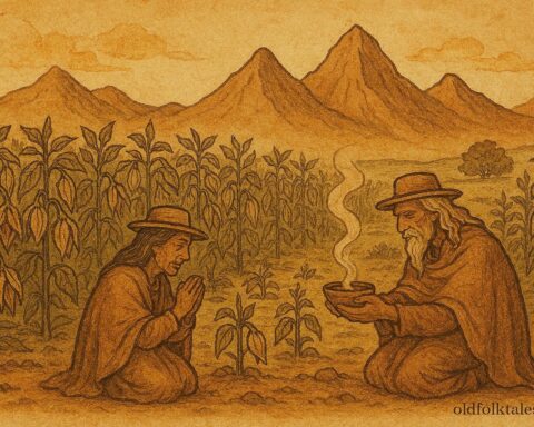 Andean farmers restoring ritual balance in a seedless garden, Quechua folklore, Ecuador.