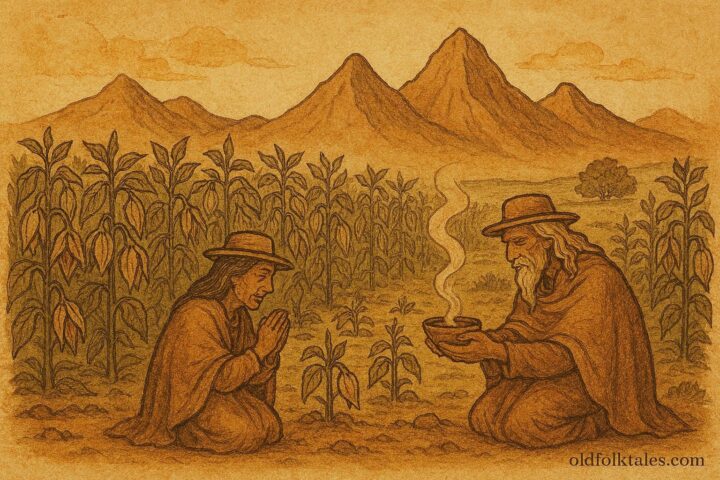 Andean farmers restoring ritual balance in a seedless garden, Quechua folklore, Ecuador.
