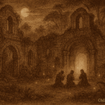 Sepia-toned folktale illustration on aged rice parchment depicting moonlit Jesuit mission ruins deep in the Paraguayan jungle. Crumbling vine-covered stone walls surround a roofless chapel where shadowy figures kneel in prayer. Faint golden lights drift through the scene, and “OldFolktales.com” is inscribed at the bottom right.