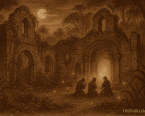 Sepia-toned folktale illustration on aged rice parchment depicting moonlit Jesuit mission ruins deep in the Paraguayan jungle. Crumbling vine-covered stone walls surround a roofless chapel where shadowy figures kneel in prayer. Faint golden lights drift through the scene, and “OldFolktales.com” is inscribed at the bottom right.