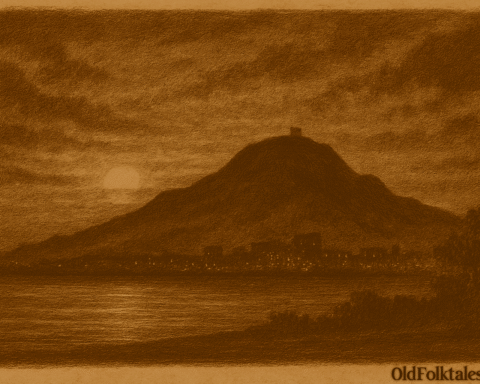 Sepia-toned illustration on aged parchment showing Cerro de Montevideo rising above the city and the Río de la Plata at dusk. The hill’s broad, rounded silhouette resembles a reclining figure beneath a glowing sky, suggesting a sleeping giant watching over the land. The river reflects the warm light of the setting sun, and “OldFolktales.com” is inscribed in the bottom right corner.