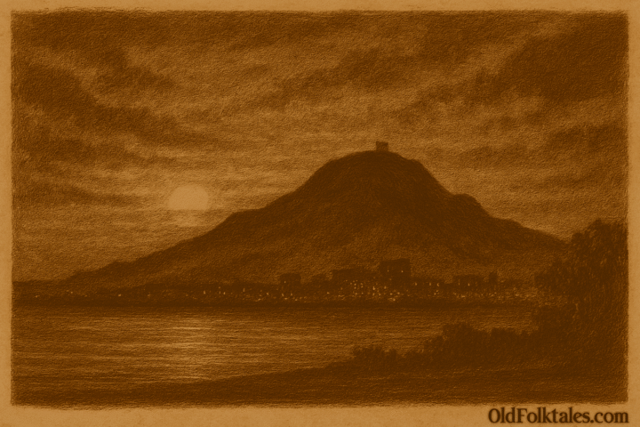 Sepia-toned illustration on aged parchment showing Cerro de Montevideo rising above the city and the Río de la Plata at dusk. The hill’s broad, rounded silhouette resembles a reclining figure beneath a glowing sky, suggesting a sleeping giant watching over the land. The river reflects the warm light of the setting sun, and “OldFolktales.com” is inscribed in the bottom right corner.