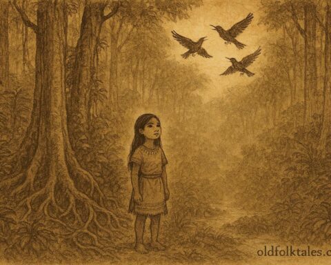Parchment-style artwork of girl listening to birds, Amazonian folktale scene.