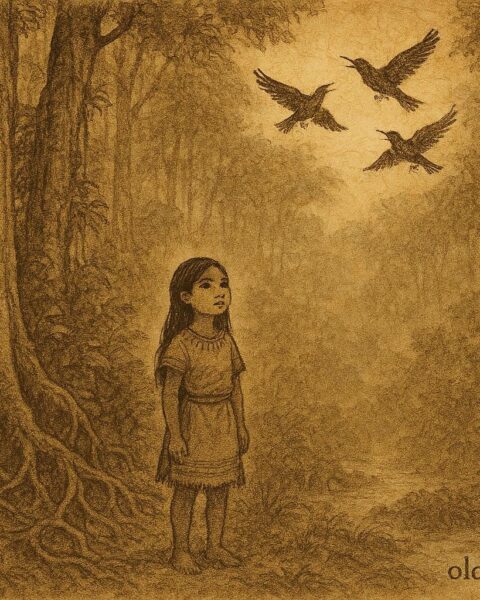 Parchment-style artwork of girl listening to birds, Amazonian folktale scene.
