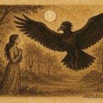 Parchment-style artwork of a woman and John Crow spirit, Jamaican folktale scene.