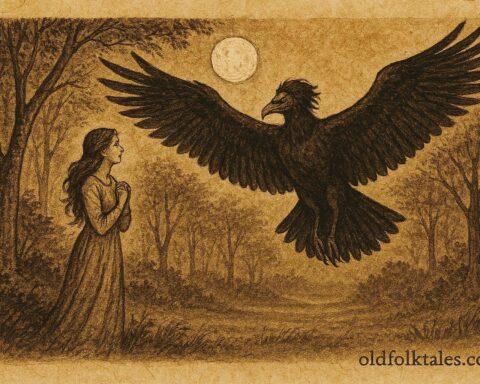 Parchment-style artwork of a woman and John Crow spirit, Jamaican folktale scene.