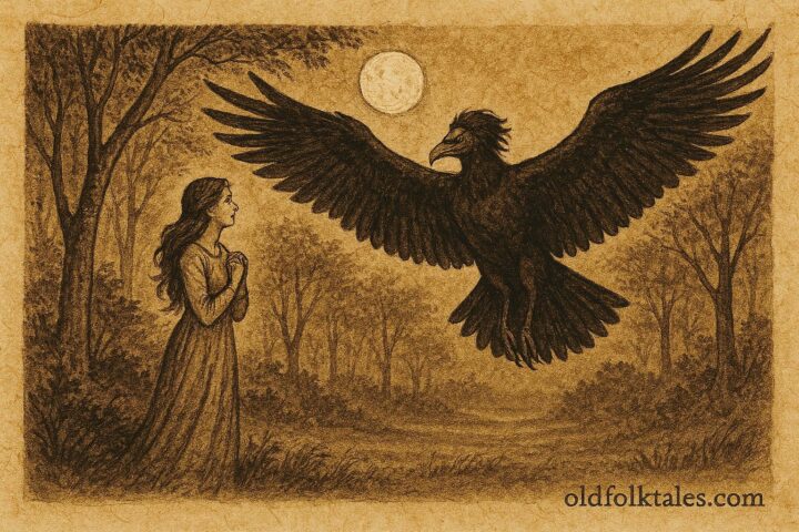 Parchment-style artwork of a woman and John Crow spirit, Jamaican folktale scene.