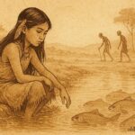 Parchment-style illustration of girl listening to fish by river, Amazonian folktale.