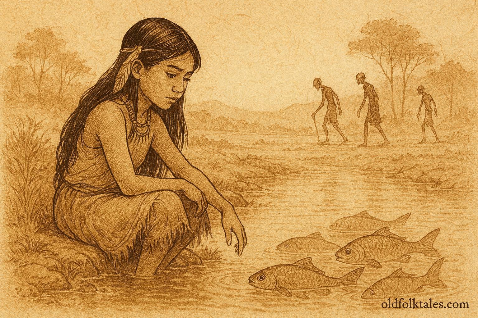 Parchment-style illustration of girl listening to fish by river, Amazonian folktale.