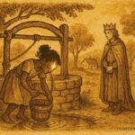 Parchment-style illustration of a star-marked girl at a well, Haitian folktale scene.