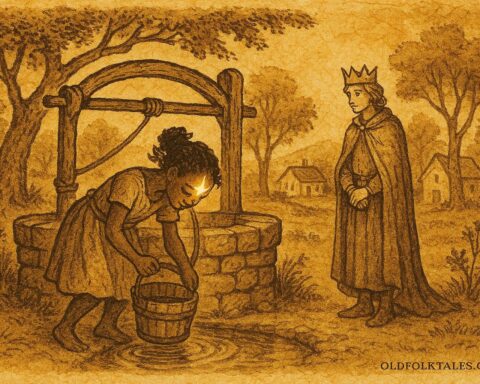 Parchment-style illustration of a star-marked girl at a well, Haitian folktale scene.