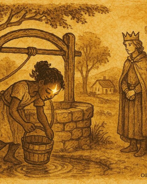 Parchment-style illustration of a star-marked girl at a well, Haitian folktale scene.