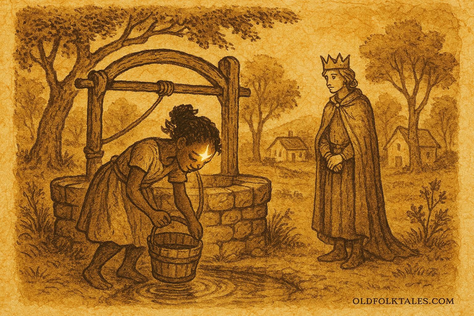 Parchment-style illustration of a star-marked girl at a well, Haitian folktale scene.