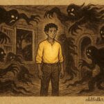 Parchment-style artwork of Jack facing spirits in a haunted house, Jamaican folktale.