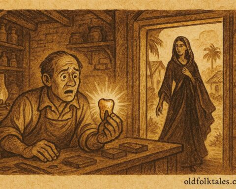 Parchment-style illustration of a cursed shopkeeper with gold tooth, Trinidad folktale scene.