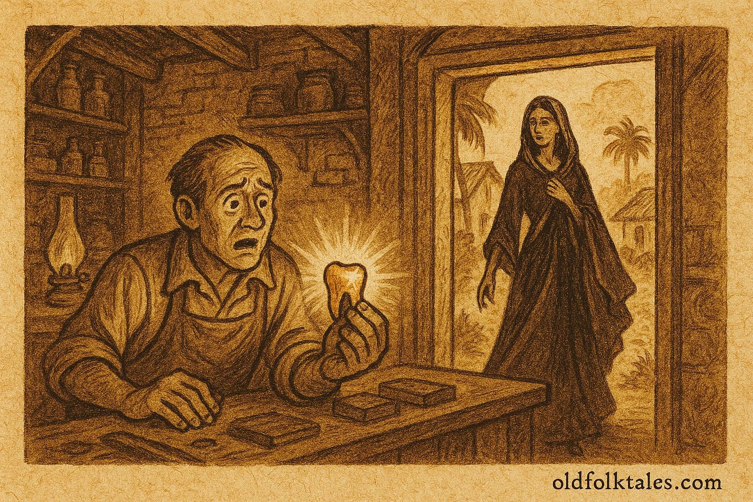 Parchment-style illustration of a cursed shopkeeper with gold tooth, Trinidad folktale scene.
