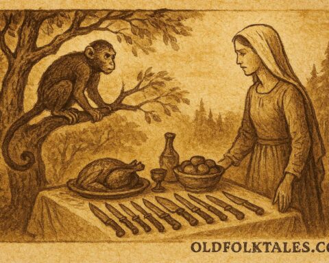 Parchment-style illustration of a monkey fleeing a woman’s feast, Caribbean folktale.