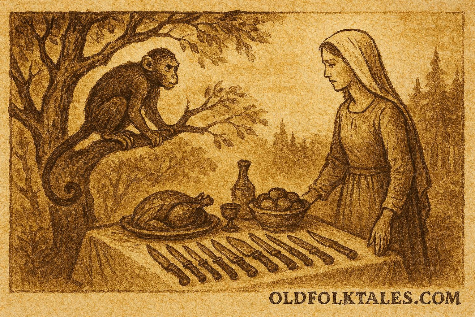 Parchment-style illustration of a monkey fleeing a woman’s feast, Caribbean folktale.
