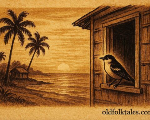 Parchment-style artwork of the Grigri bird warning a Garifuna villager, Belize folktale.